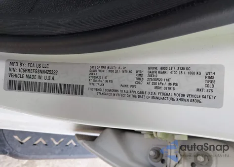 2022 Ram 1500 Lone Star 4X2 5'7 Box из США, поврежденный, VIN 1C6RREFG8NN425322